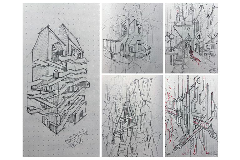 A series of axonometric sketches